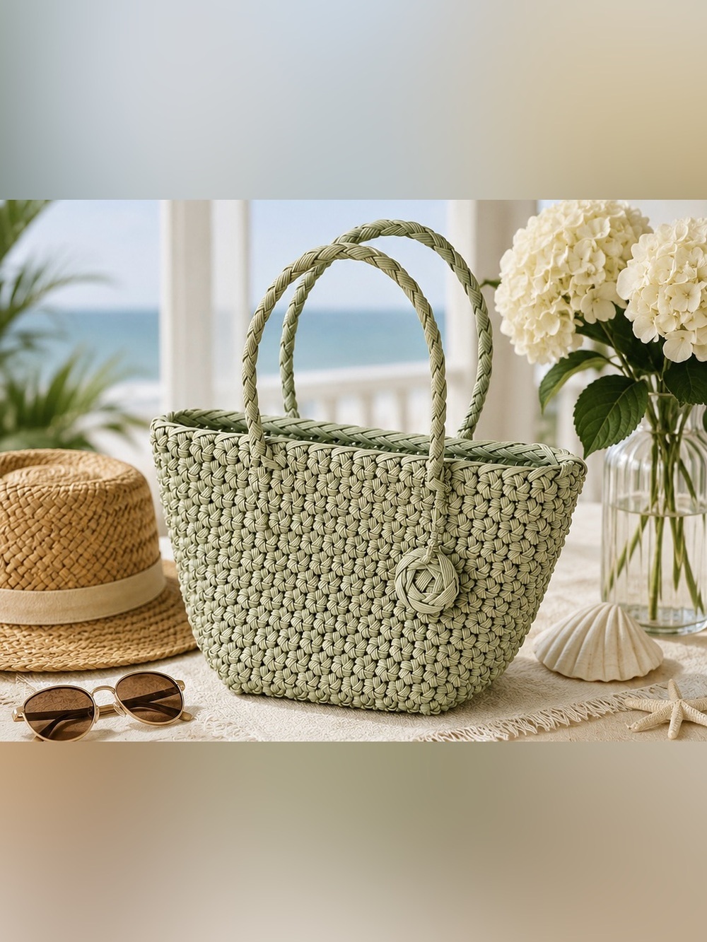 New Sage Green Woven Beach Tote Bag Summer Market Purse with Rosette Charm